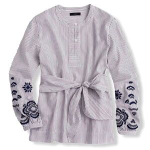 J. CREW Embroidered Tie Front Tunic Pin Stripe Sz S
